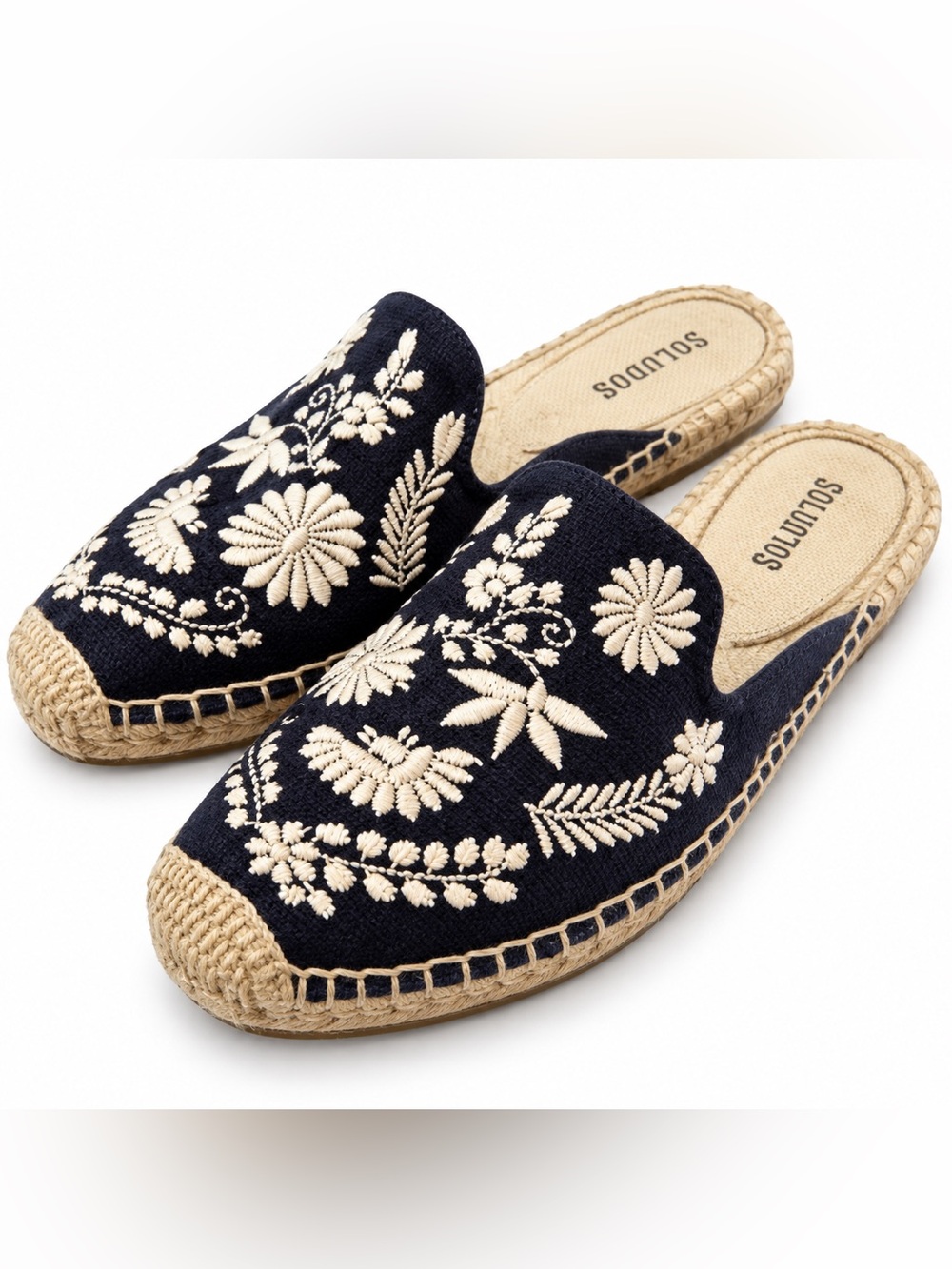 Soludos Floral Embroidered Espadrille Mules Navy Women’s 7.5